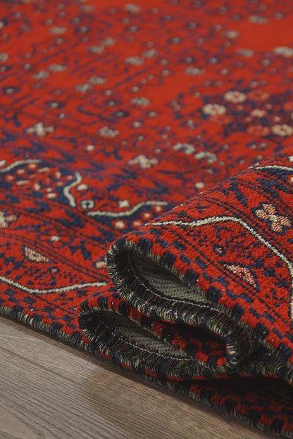 Red & Blue Washable oriental Afghan Rug: Vintage Farmhouse Style