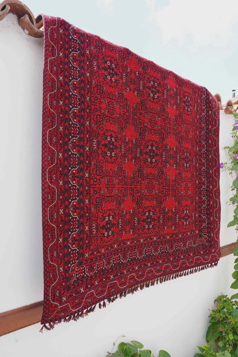 Red & Blue Washable oriental Afghan Rug: Vintage Farmhouse Style