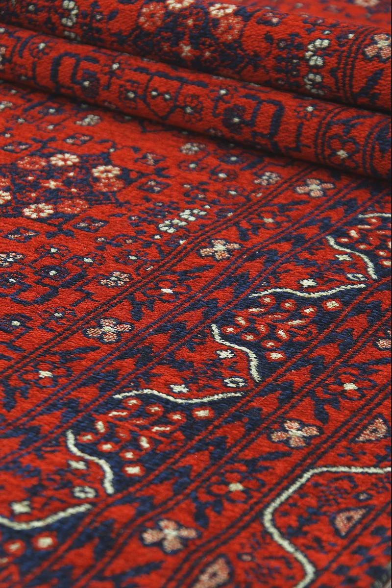 Red & Blue Washable oriental Afghan Rug: Vintage Farmhouse Style
