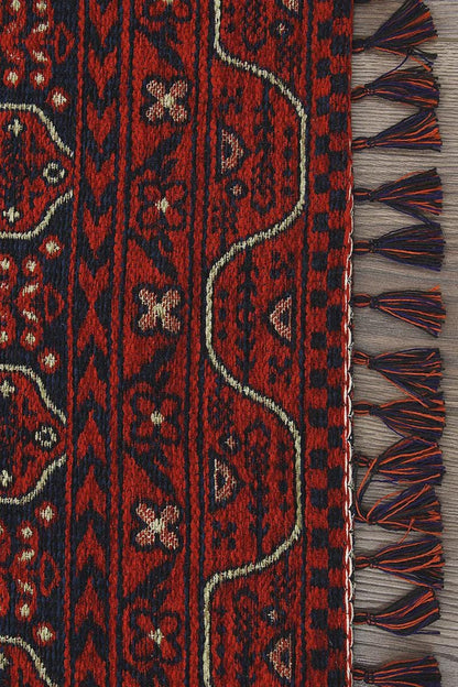 Red & Blue Washable oriental Afghan Rug: Vintage Farmhouse Style