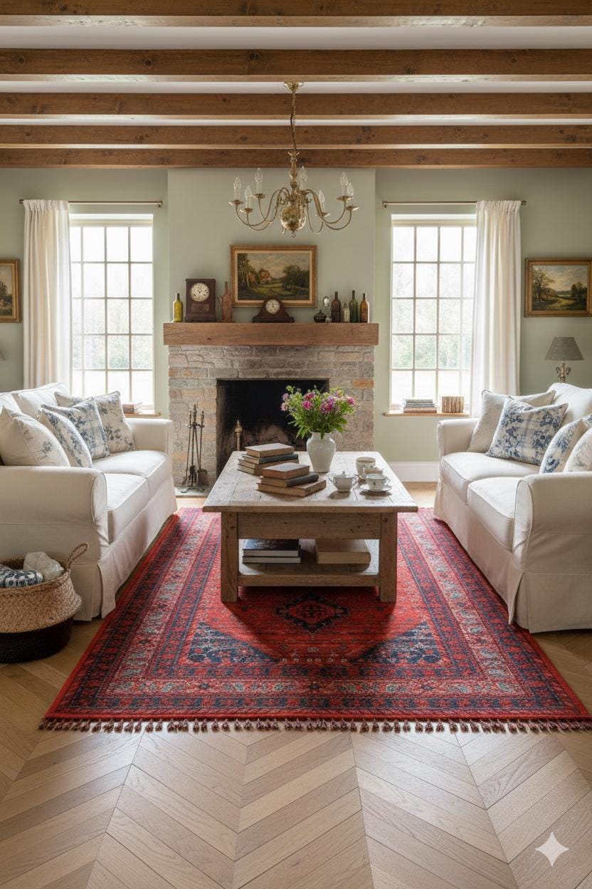 Red & Blue Washable oriental Afghan Rug: Vintage Farmhouse Style