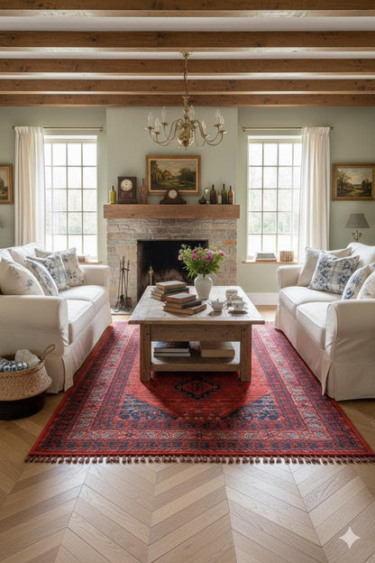 Red & Blue Washable oriental Afghan Rug: Vintage Farmhouse Style