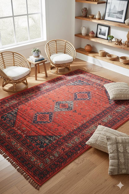 Red & Blue Washable oriental Afghan Rug: Vintage Farmhouse Style