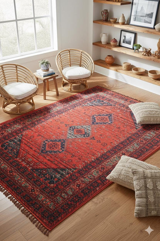 Red & Blue Washable oriental Afghan Rug: Vintage Farmhouse Style