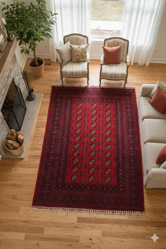 Red & Blue Washable oriental Afghan Rug: Vintage Farmhouse Style