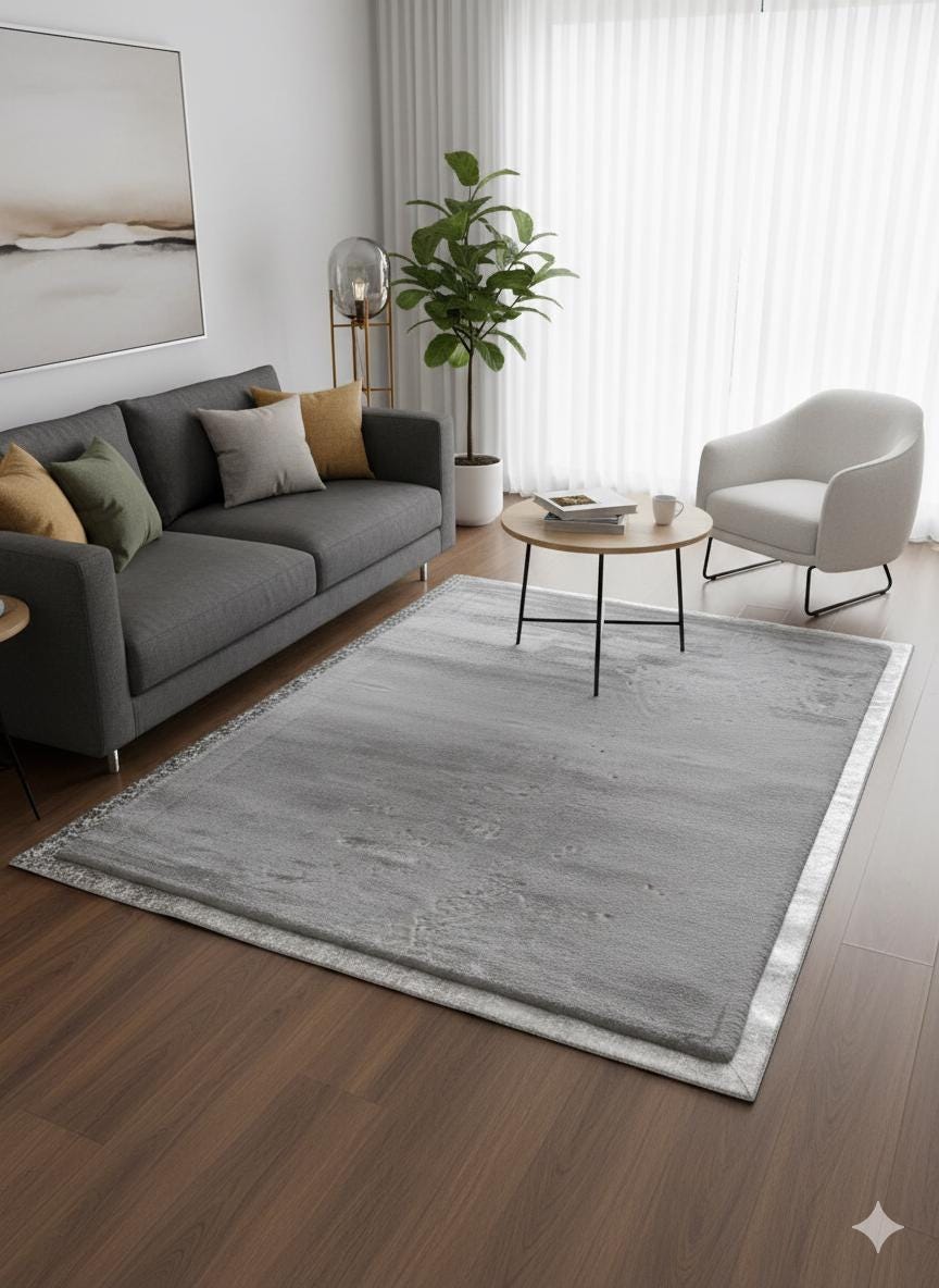 Silver Faux Leather Rug 5x7ft: Modern Minimalist Turkish Area Rug