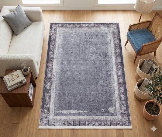 Distressed Persian Style Rug – Blue Grey Greek Key Border, Washable Boho Carpet
