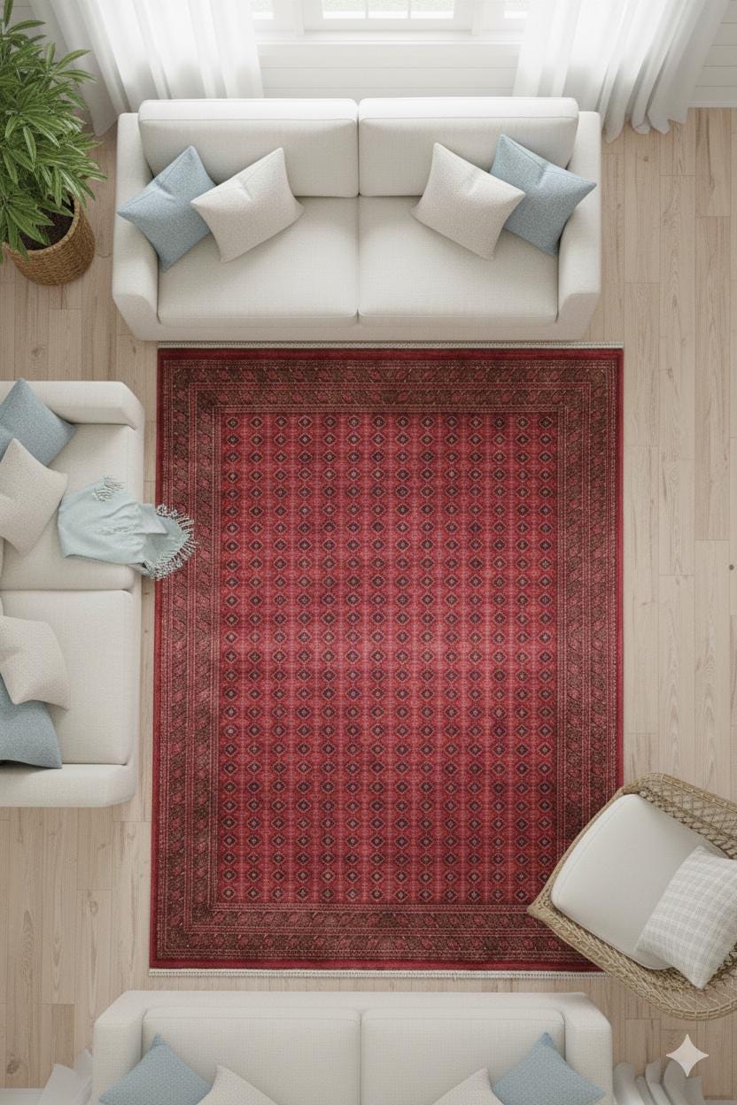 Red Afghan Area Rug – Silk-Feel Viscose Oriental Carpet