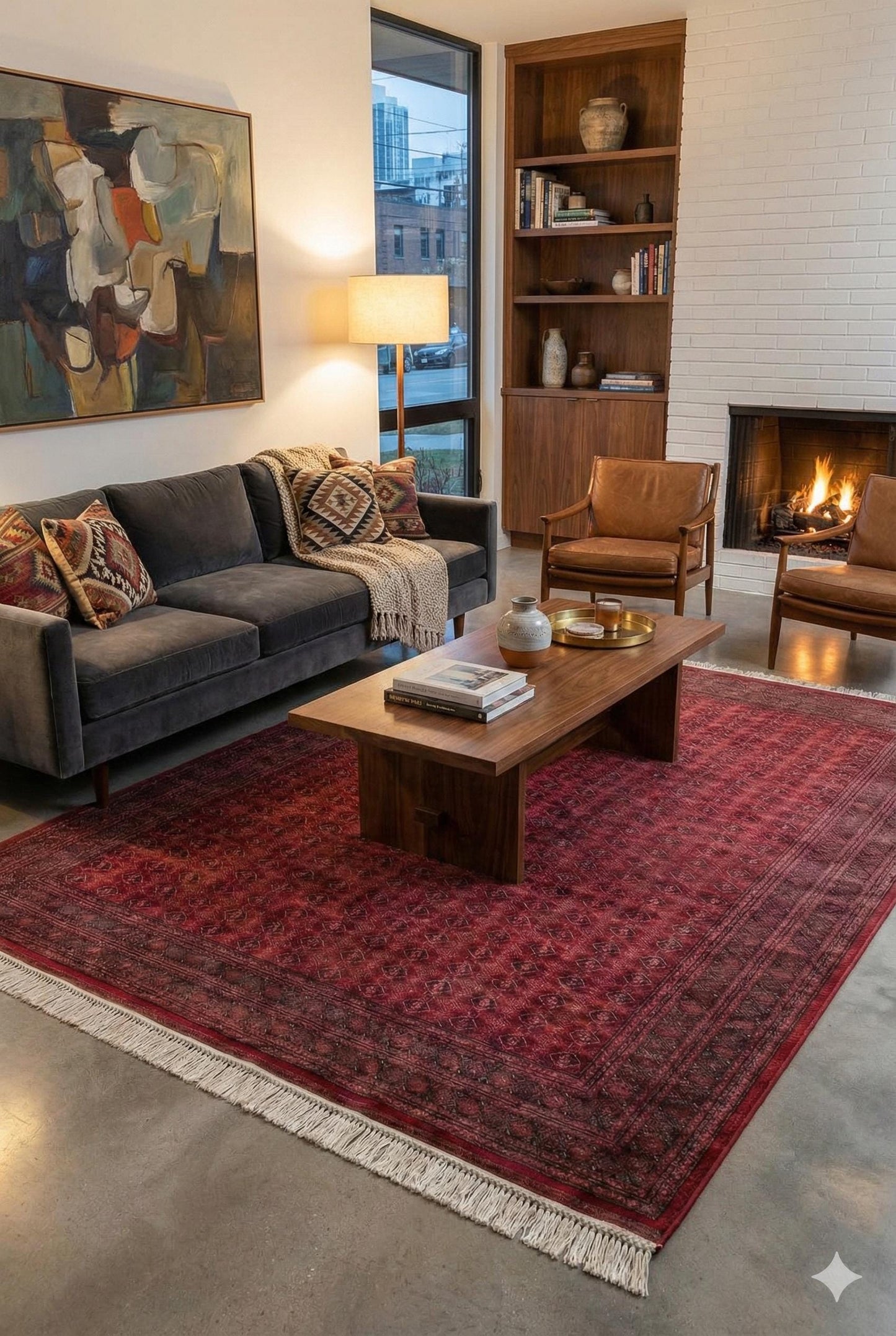 Red Afghan Area Rug – Silk-Feel Viscose Oriental Carpet