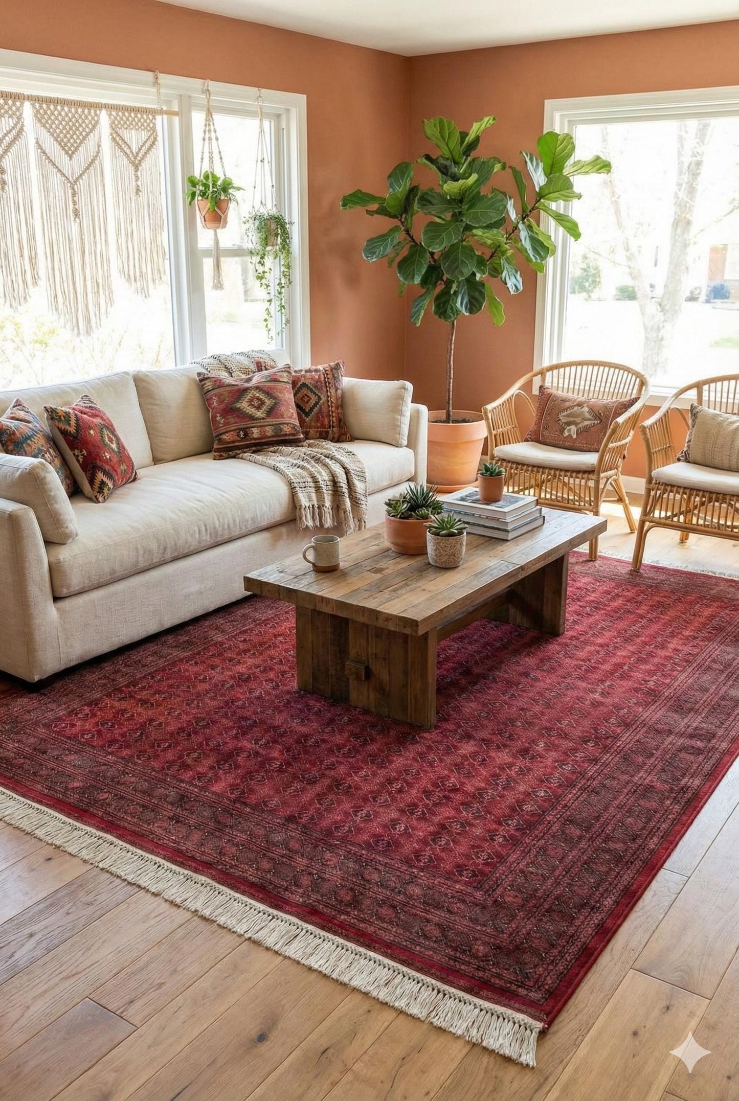 Red Afghan Area Rug – Silk-Feel Viscose Oriental Carpet