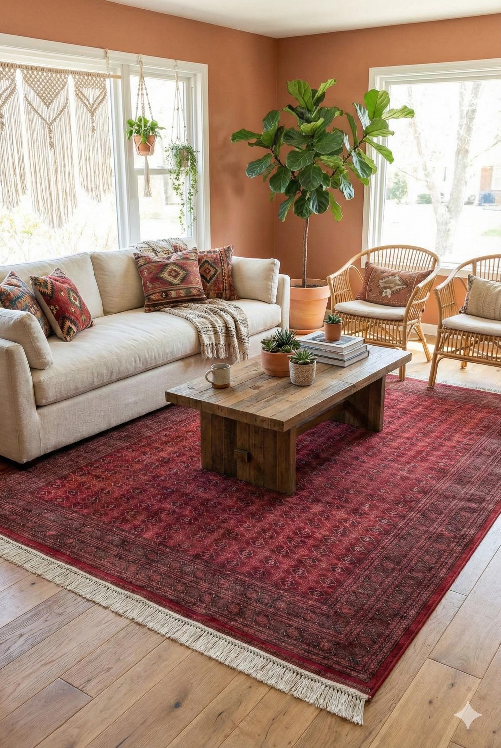 Red Afghan Area Rug – Silk-Feel Viscose Oriental Carpet