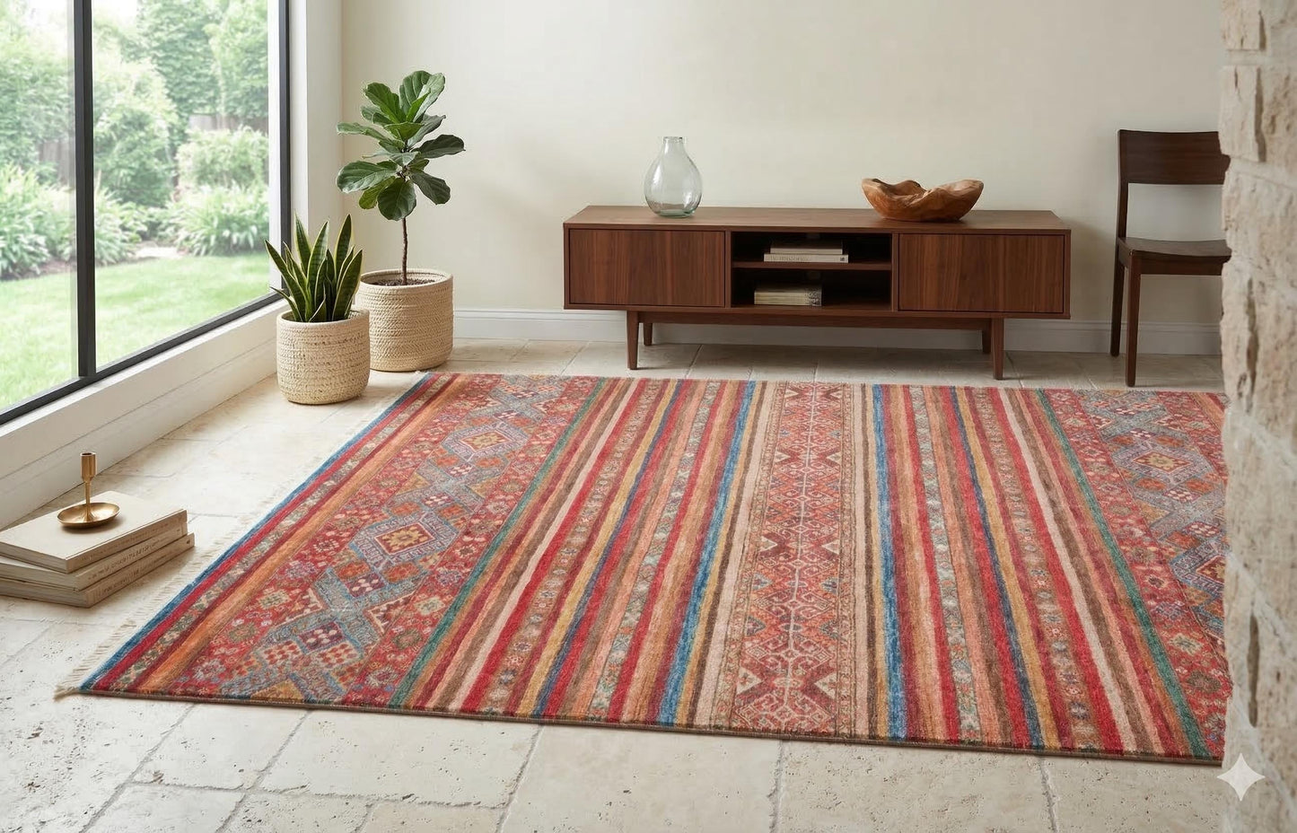 Red Vintage Oriental Afghan Rug: Washable Red Carpet with Stripes