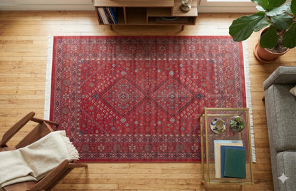 Red Vintage Oriental Afghan Rug: Washable Red Carpet with Tassels