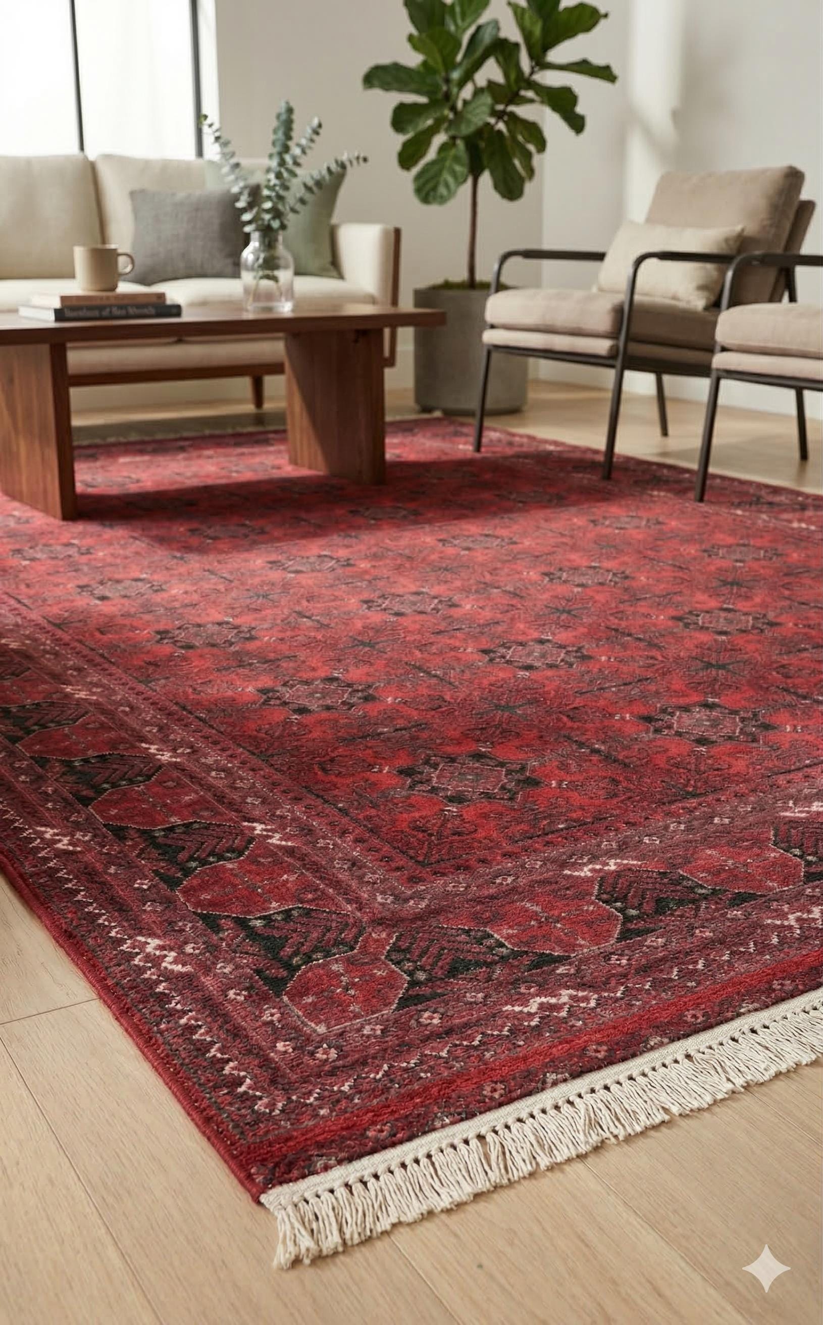 Red Afghan Area Rug – Silk-Feel Viscose Oriental Carpet