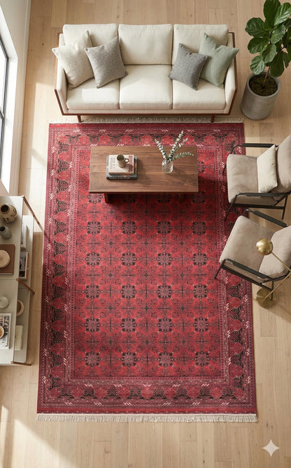 Red Afghan Area Rug – Silk-Feel Viscose Oriental Carpet