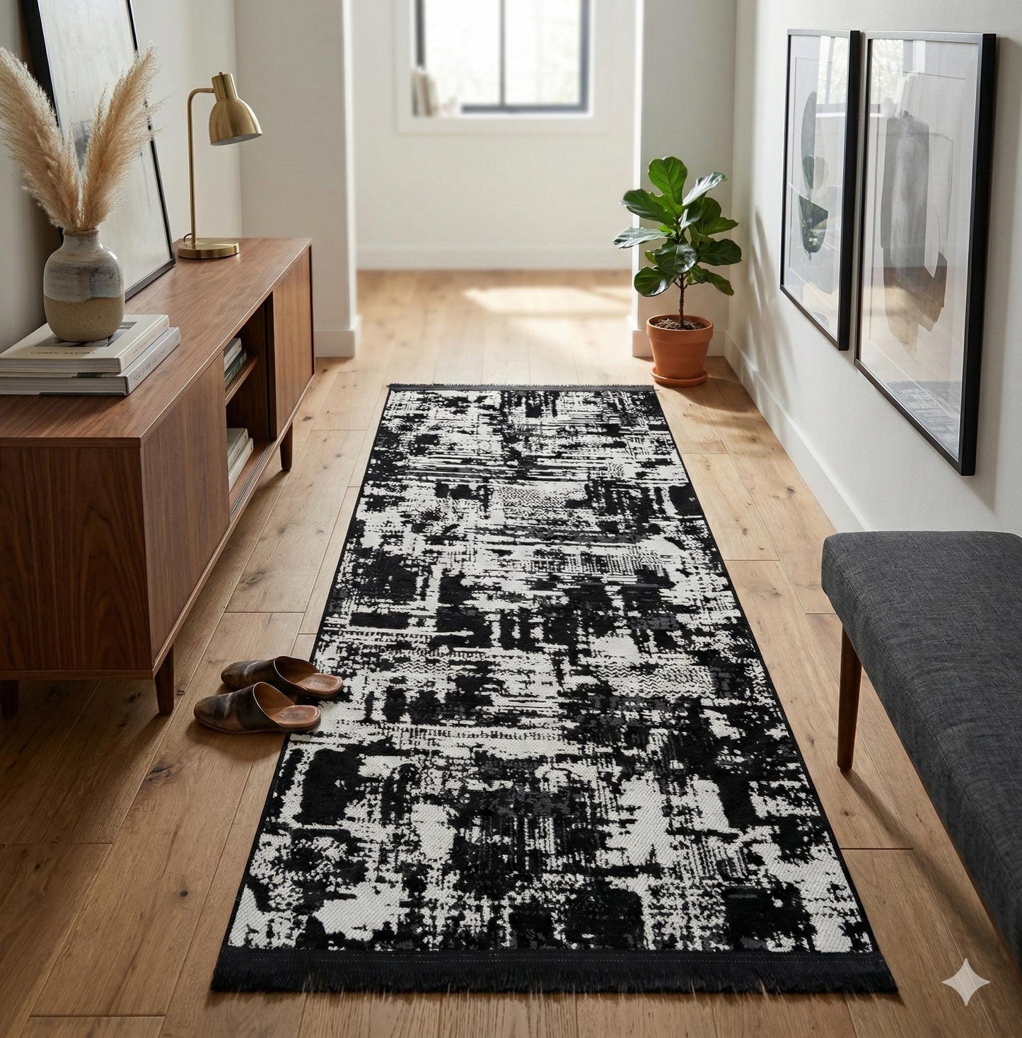 Modern Abstract Runner Rug – Black White Distressed Geometric Texture Scandi Style Mat