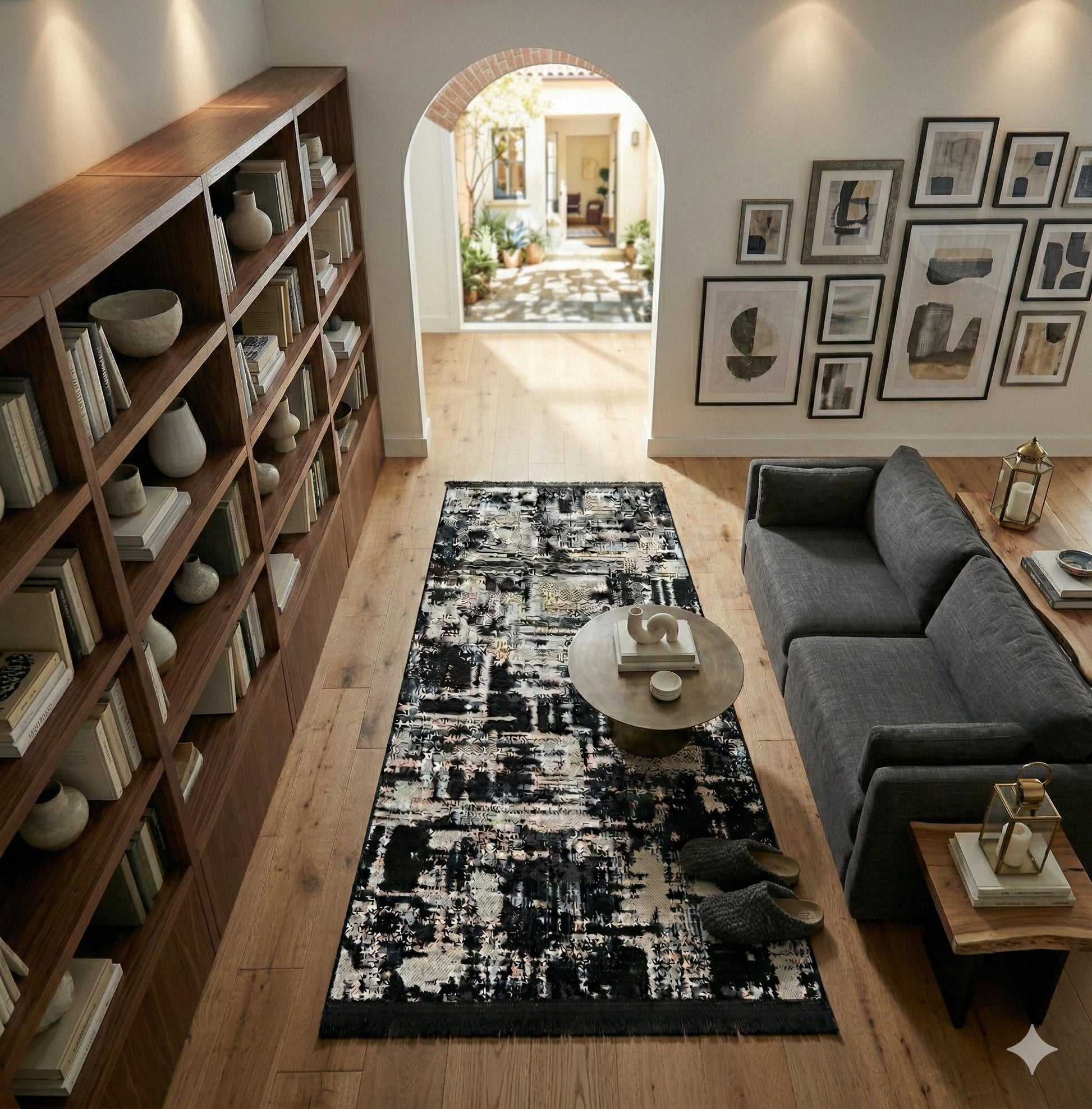 Modern Abstract Runner Rug – Black White Distressed Geometric Texture Scandi Style Mat