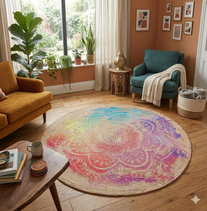 Colorful Jute Rug: Colorful Mandala, Indoor/Outdoor Carpet