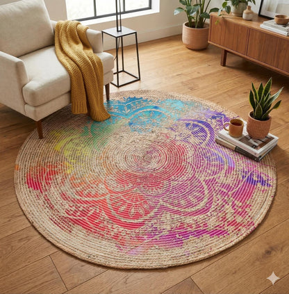 Colorful Jute Rug: Colorful Mandala, Indoor/Outdoor Carpet