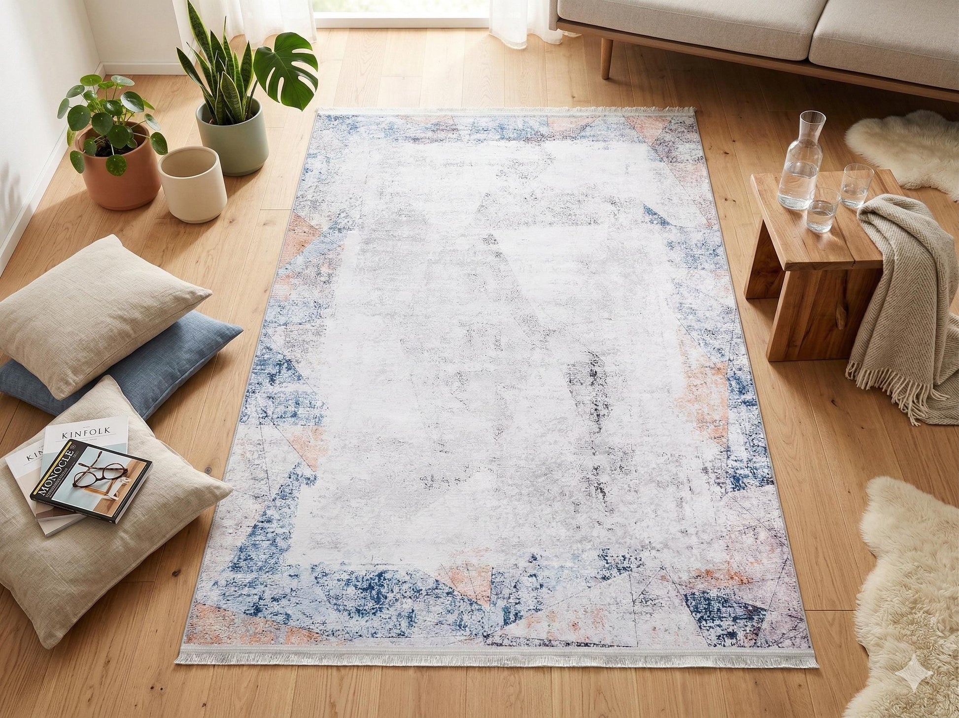 Distressed Abstract Geometric Area Rug – Blue Terracotta Boho Living Room Carpet