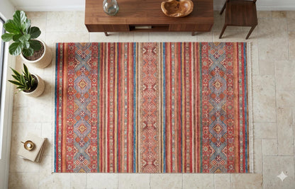Red Vintage Oriental Afghan Rug: Washable Red Carpet with Stripes