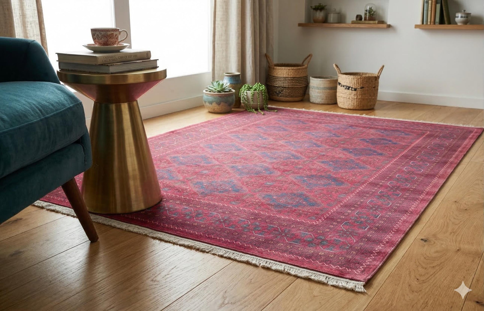 Red Vintage Oriental Afghan Rug: Washable Red Carpet with Tassels