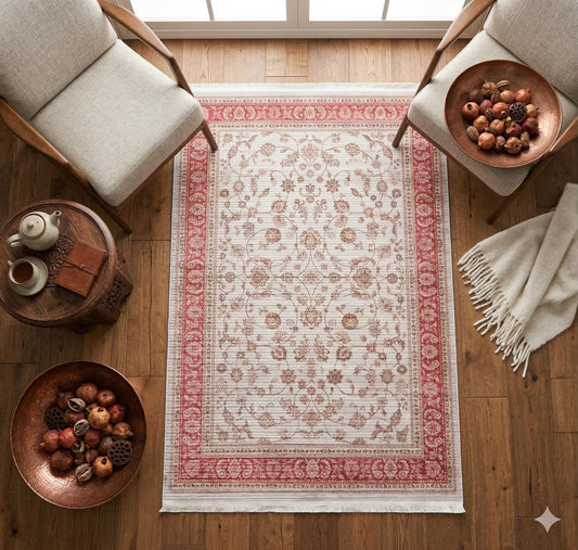 Faded Red Turkish Vintage Rug – Distressed Floral Area Carpet for Living Room or Bedroom