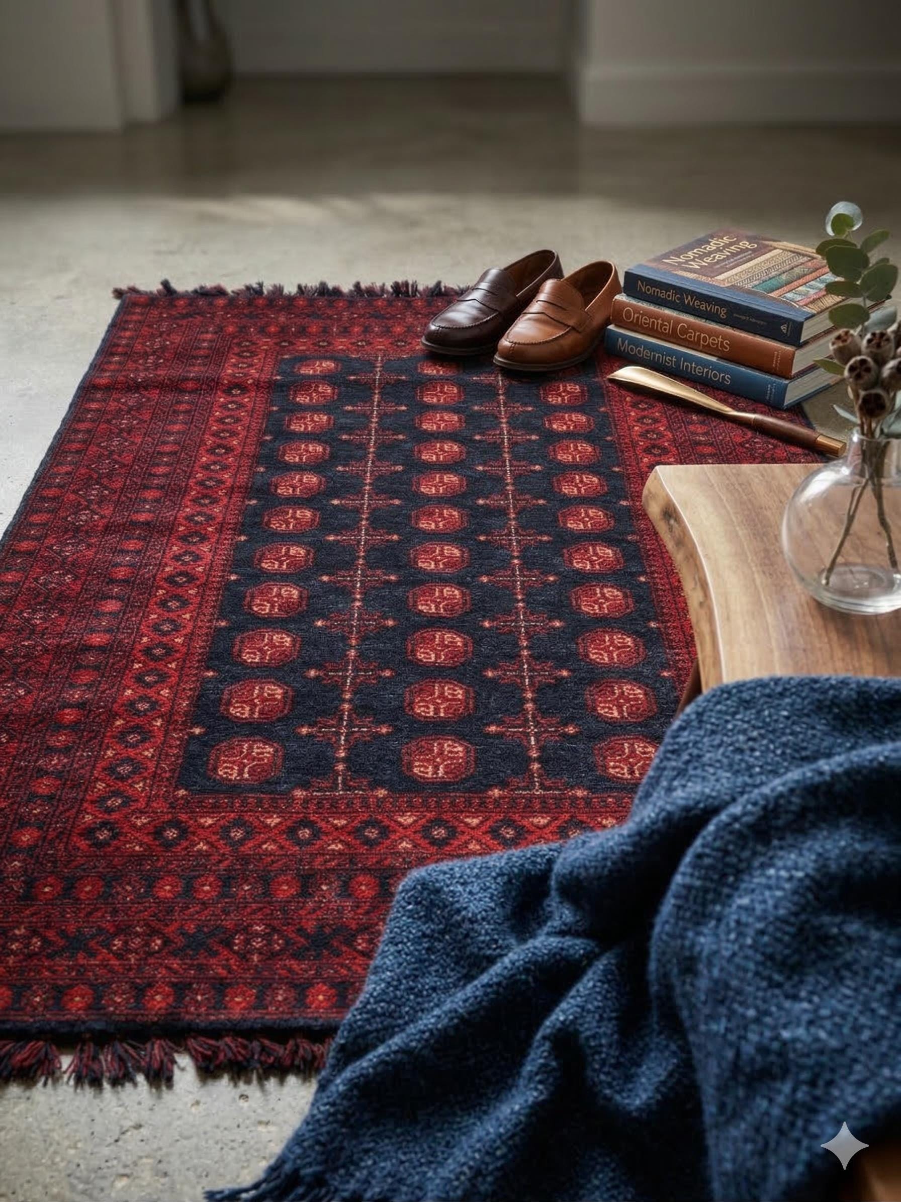 Red Afghan Rug: Traditional Bukhara Oriental Chenille Rug (3.9 x 5.9 ft)