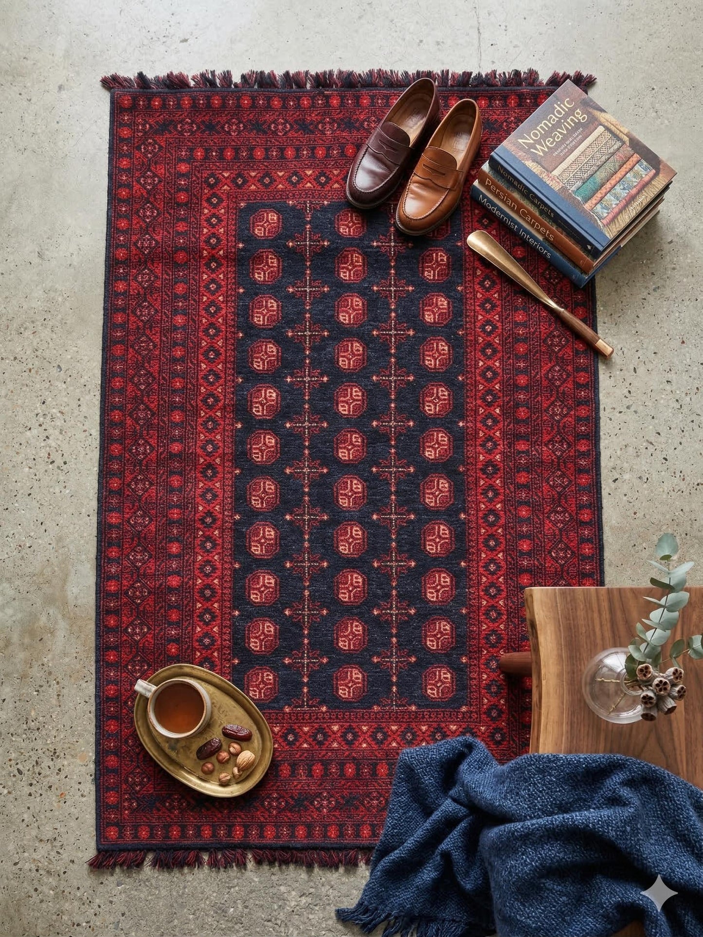 Red Afghan Rug: Traditional Bukhara Oriental Chenille Rug (3.9 x 5.9 ft)