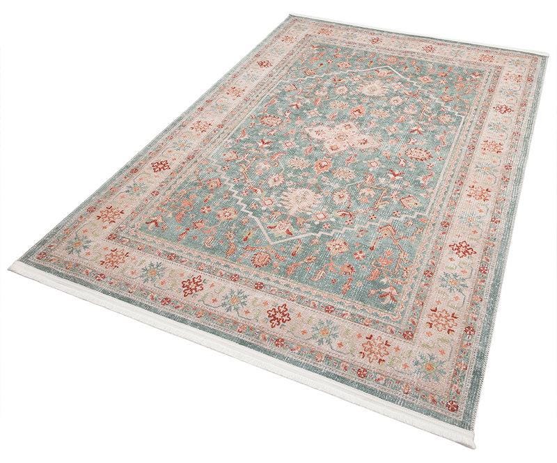Distressed Oriental Rug – Sage Green Terracotta Muted Persian Style Carpet