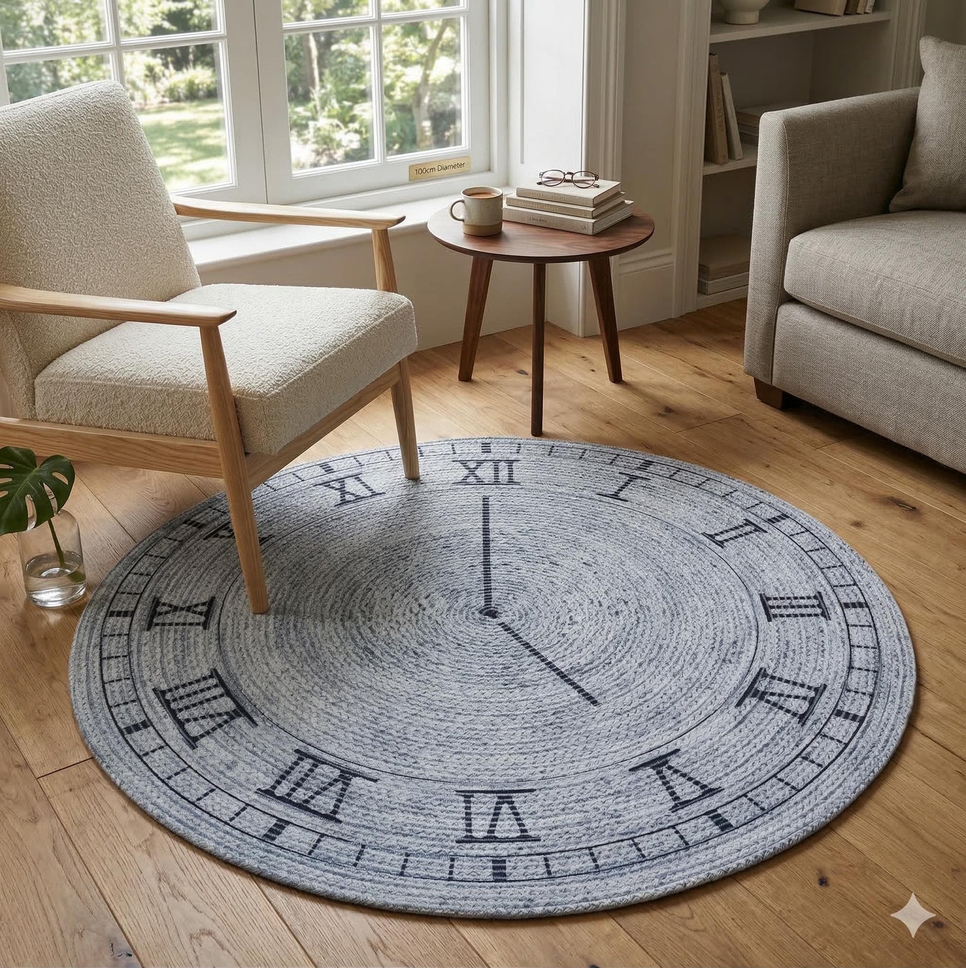 Washable Gray Clock Jute Rug: Bohemian Outdoor Circle Carpet